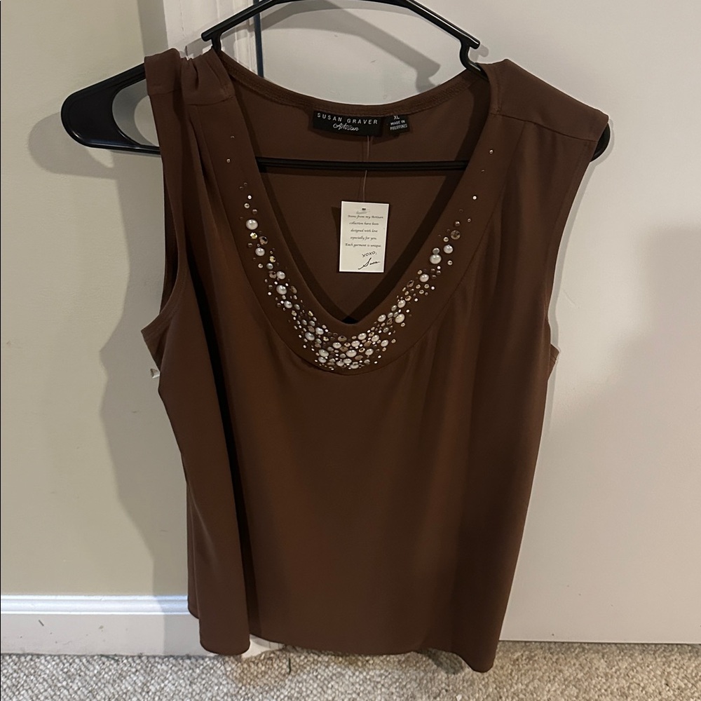 Susan Graver Brown Embellished Sleeveless Top